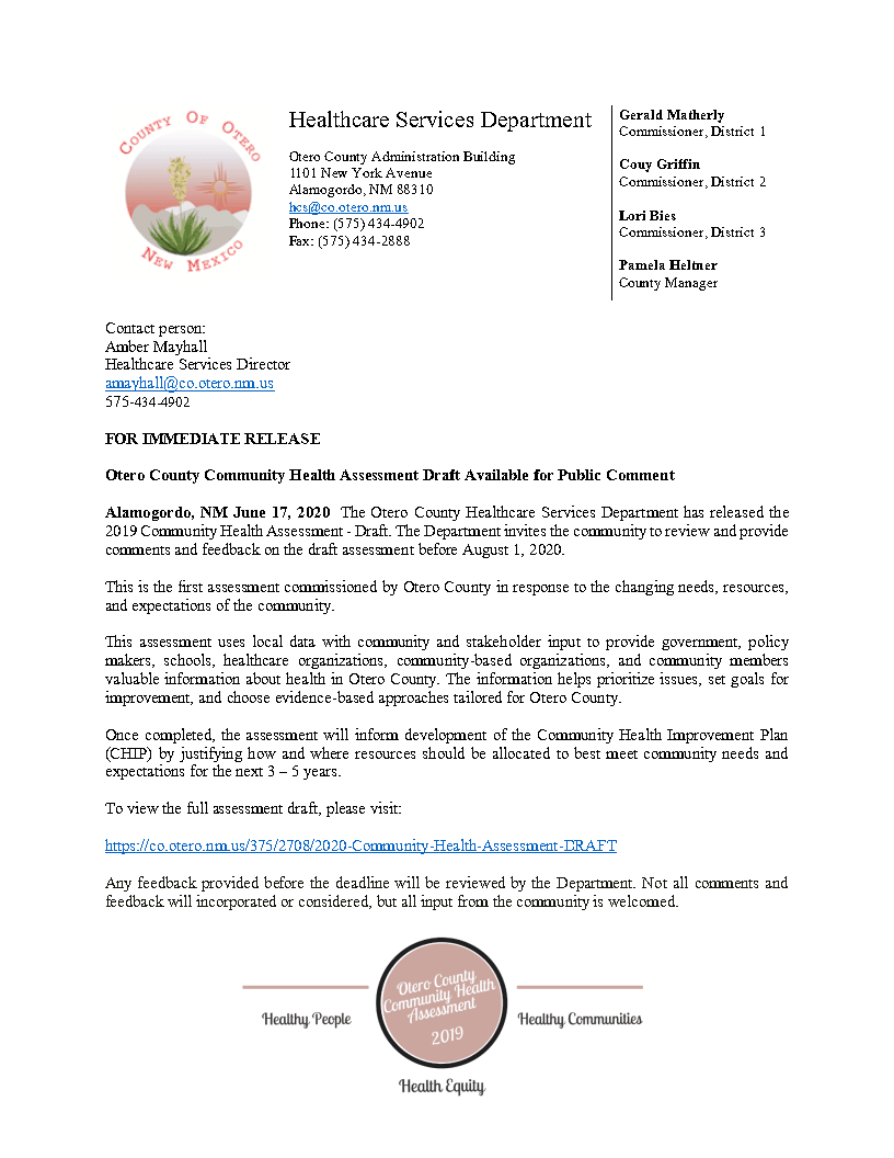 Press Release  -Community Health Assessment - 06-17-2020