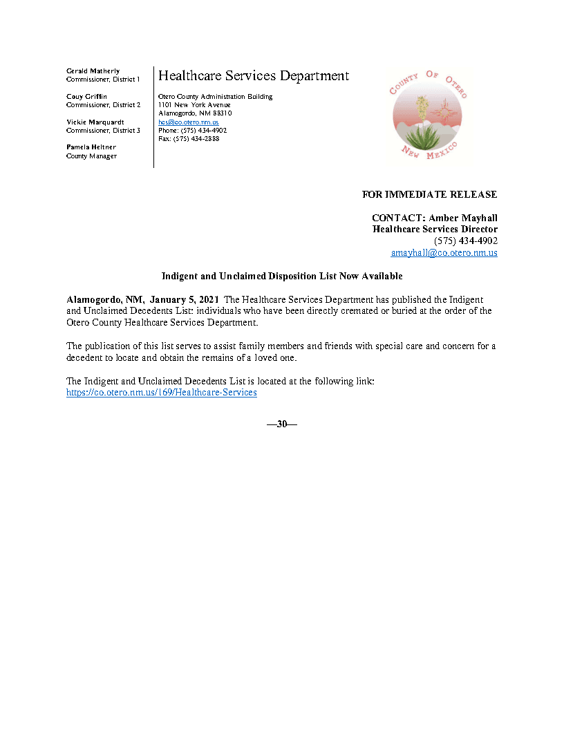 Press Release - Indigent and Unclaimed Disposition List Publication - 012021